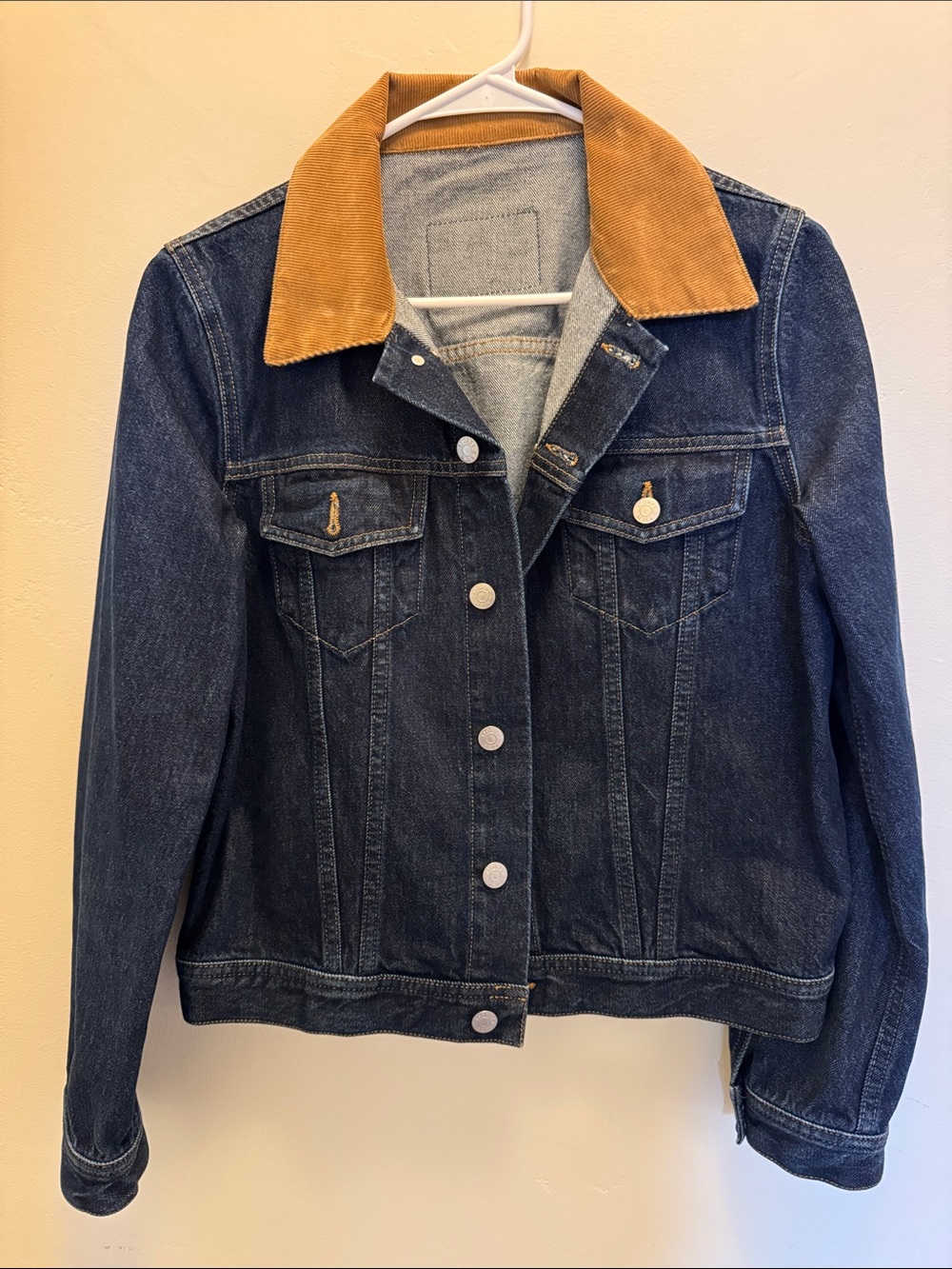 Sporty & Rich Dark Blue Denim Jacket with Tan Corduroy Collar
